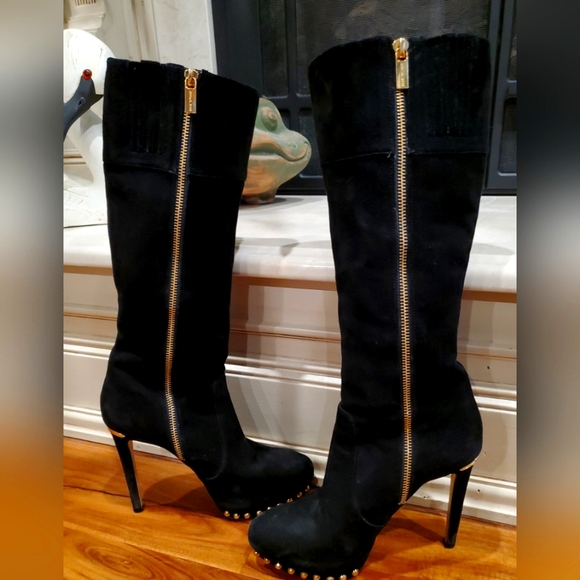 Michael Kors Ailee Black Suede Studded Knee Hi Boots side zip 7M - Picture 1 of 16